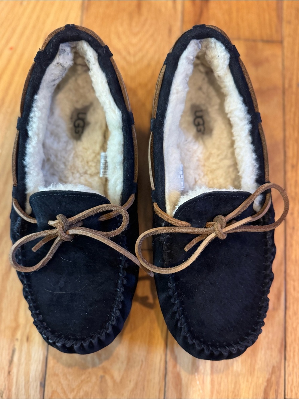 UGG Navy Suede Moccasin Slippers with Shearling Trim